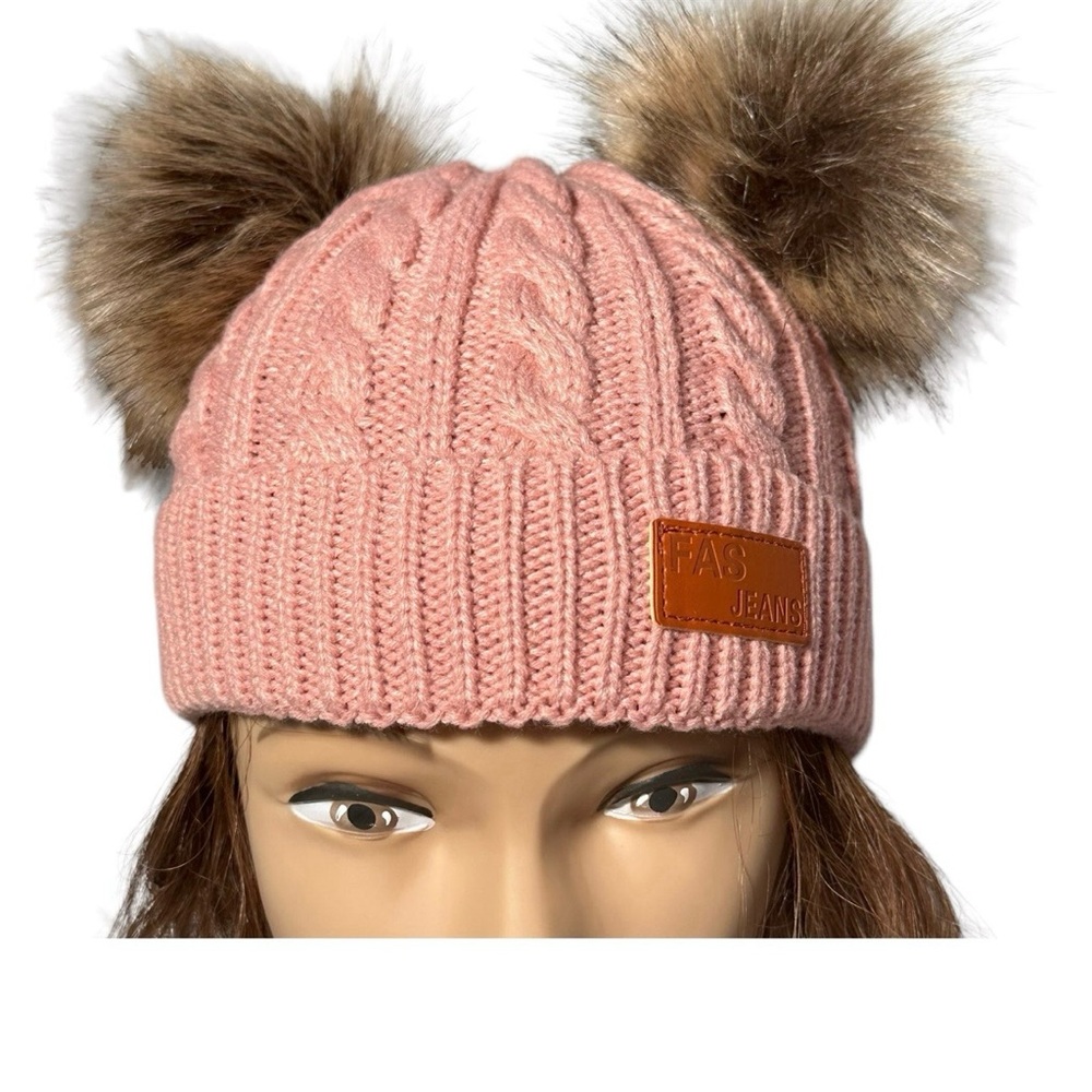 FAS Jeans Beanie OS Dusty Rose Double Pom Cable Knit Wool